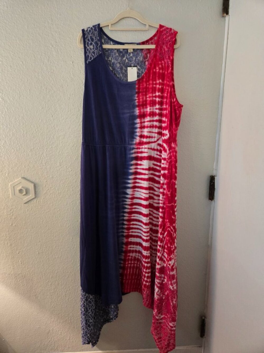 NWT Live Let Live Dress 2X Plus Red White Blue Tie Dye Maxi Asymmetric Summer